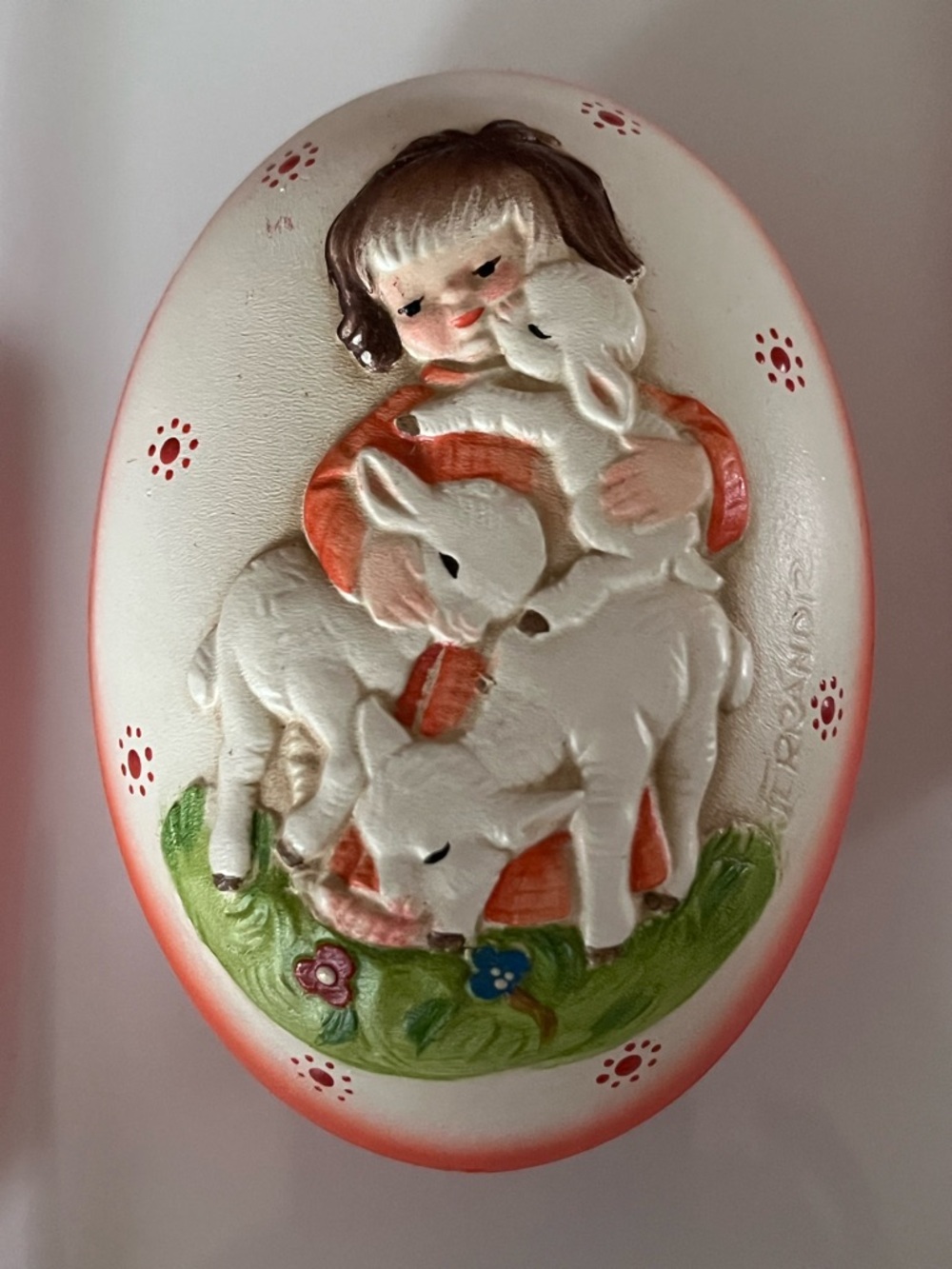 Anri Italy vintage Trinket Box Egg Girl with Lambs Oval Trinket Dish